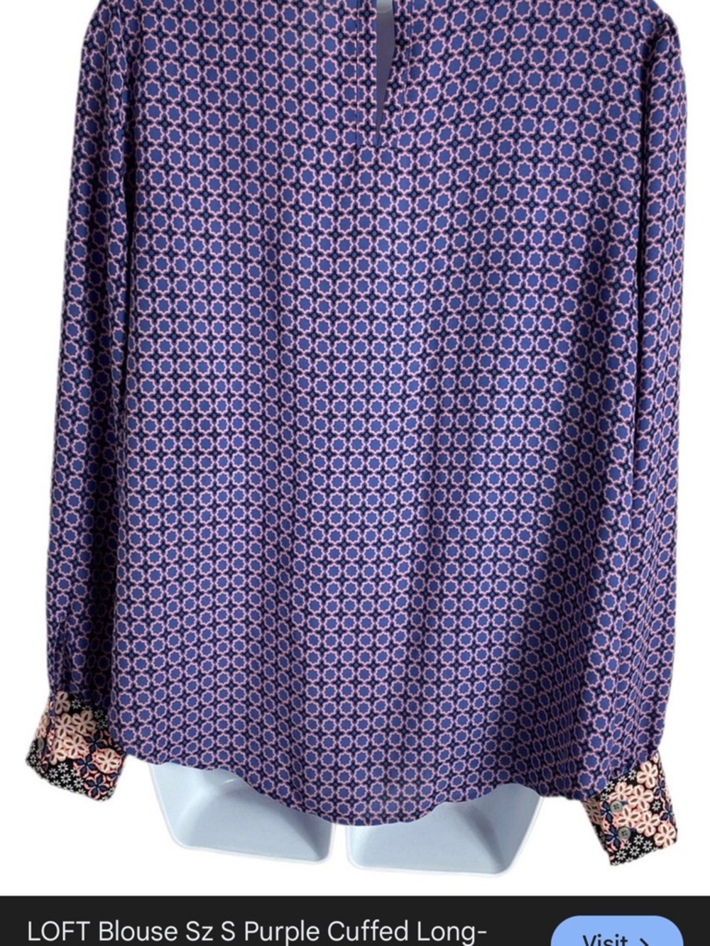 NWT LOFT Purple Geometric & Floral-Trim Long Sleeve Blouse - Picture 6 of 7